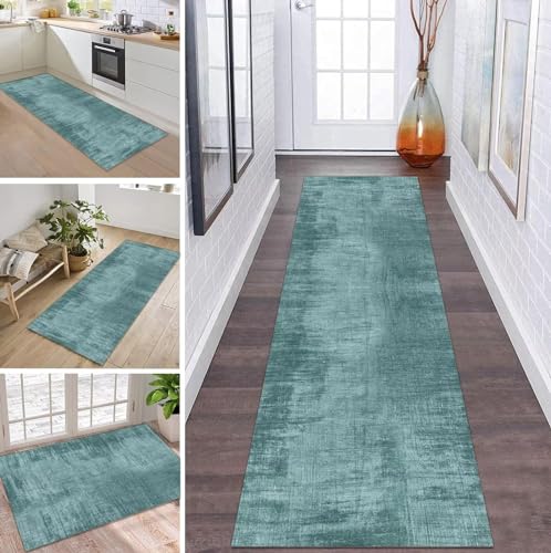 ZDYHMrj Läufer Teppich Flur Küche Waschbar rutschfest 60 * 100cm, Cyan Moderne Blattmuster Lang Teppichmatte Dauerhaft Fur Korridor Wohnzimmer Schlafzimmer Meterware Anpassbar von ZDYHMrj