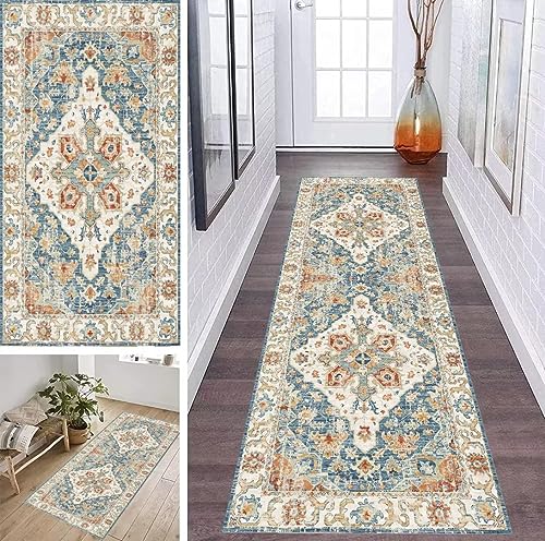 ZDYHMrj Läufer Teppich Flur Küche Waschbar rutschfest 60 * 500cm, Marokko Boho Style Blau Lang Teppichmatte Dauerhaft Fur Korridor Wohnzimmer Schlafzimmer Meterware Anpassbar von ZDYHMrj