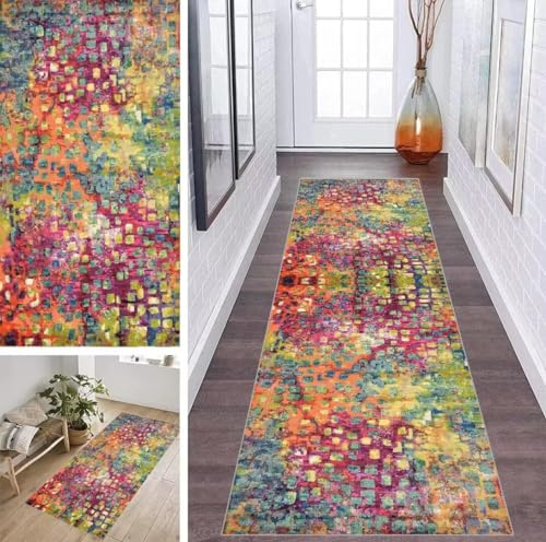 ZDYHMrj Läufer Teppich Flur Küche Waschbar rutschfest 80 * 250cm, Bunt Abstraktes Geometrisches Muster Lang Teppichmatte Dauerhaft Fur Korridor Wohnzimmer Schlafzimmer Meterware Anpassbar von ZDYHMrj