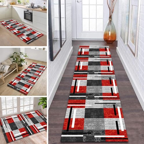 ZDYHMrj Läufer Teppich Lang Flur rutschfest Waschbar Küche Korridor Teppichläufer Grau Rot 100X200CM Lange Teppichmatten Küchenläufer Wohnzimmer Kinderzimmer Anpassbare Küchenteppich Meterware von ZDYHMrj