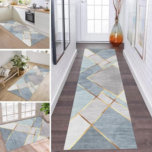 ZDYHMrj Teppich Läufer Flur Küche Grau Blau Gold rutschfest Korridor Teppichläufer Waschbar Modern Schlafzimmer Wohnzimmer Läufer Teppich Breite 40-120cm von ZDYHMrj