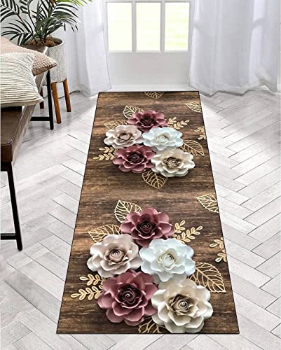 ZDYHMrj Teppich Läufer Flur Küche Weiße Rosa Blumen rutschfest Korridor Teppichläufer Waschbar Modern Schlafzimmer Wohnzimmer Läufer Teppich Breite 40cm/ 50cm/ 60cm/ 70cm/ 80cm/ 90cm/ 100cm von ZDYHMrj