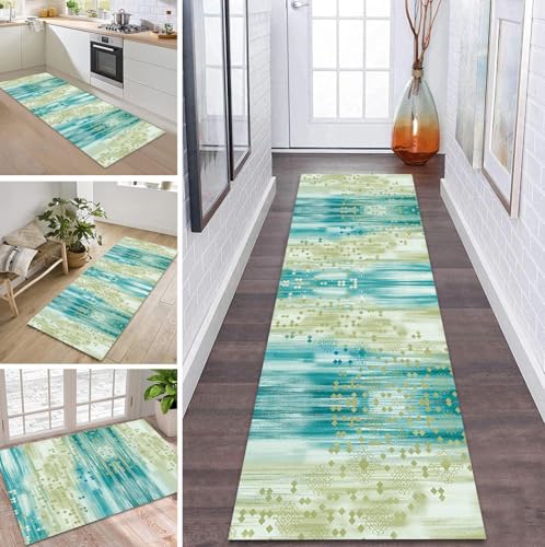 ZDYHMrj Teppich Läufer Flur Küche rutschfest waschbar Flurläufer Lang 100X400CM Kücheläufer Grün Cyan Teppichmatte Meterware Bettvorleger für Flur Esszimmer Schlafzimmer Wohnzimmer Schmutzfangteppich von ZDYHMrj
