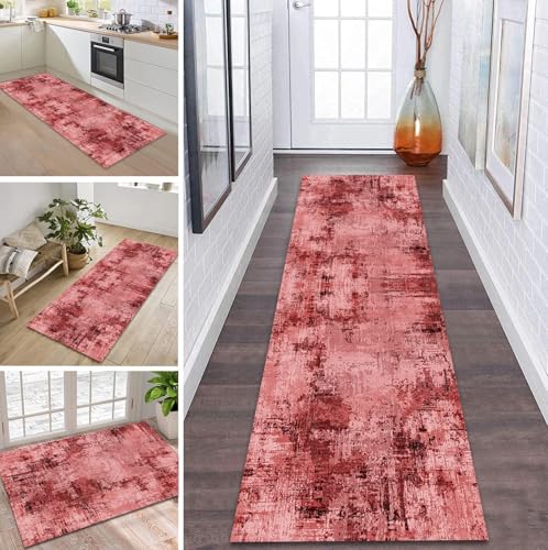 ZDYHMrj Teppich Läufer Flur Küche rutschfest waschbar Flurläufer Lang 100X450CM Kücheläufer Rot Teppichmatte Meterware Bettvorleger für Flur Esszimmer Schlafzimmer Wohnzimmer Schmutzfangteppich von ZDYHMrj