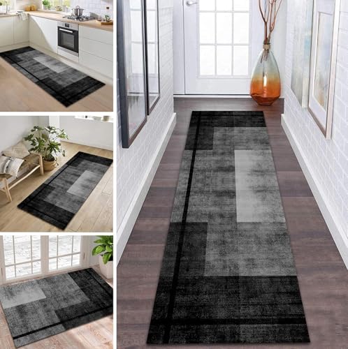 ZDYHMrj Teppich Läufer Flur Küche rutschfest waschbar Teppichläufer Lang 110X450CM Grau Schwarz Modern Design Meterware Korridor Tepiche Esszimmer Schlafzimmer Wohnzimmer Schmutzfangmatte von ZDYHMrj