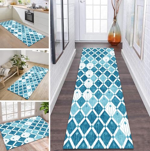 ZDYHMrj Teppich Läufer Flur Küche rutschfest waschbar Teppichläufer Lang 120X250CM Blau Modern Design Meterware Korridor Tepiche Esszimmer Schlafzimmer Wohnzimmer Schmutzfangmatte von ZDYHMrj