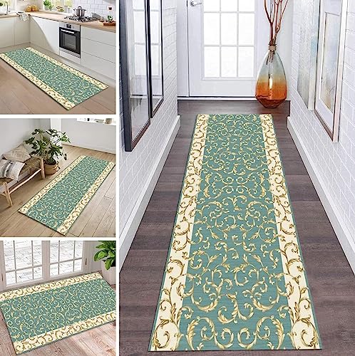 ZDYHMrj Teppich Läufer Flur Küche rutschfest waschbar Teppichläufer Lang 120X300CM Grün Gold Modern Design Meterware Korridor Tepiche Esszimmer Schlafzimmer Wohnzimmer Schmutzfangmatte Küchenteppich von ZDYHMrj