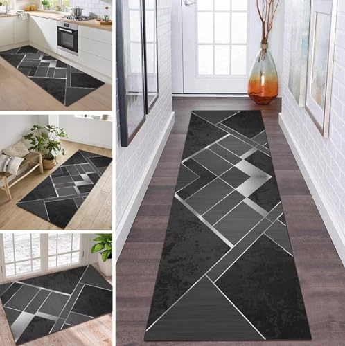 ZDYHMrj Teppich Läufer Flur Küche rutschfest waschbar Teppichläufer Lang 50X400CM Grau Schwarz Korridor Teppichmatten Kücheteppich Schlafzimmer Wohnzimmer Flurmatten Breit 40-120cm von ZDYHMrj