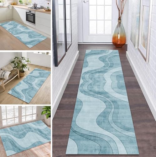 ZDYHMrj Teppich Läufer Flur Küche rutschfest waschbar Teppichläufer Lang 60X160CM Blau Modern Design Meterware Korridor Tepiche Esszimmer Schlafzimmer Wohnzimmer Schmutzfangmatte von ZDYHMrj
