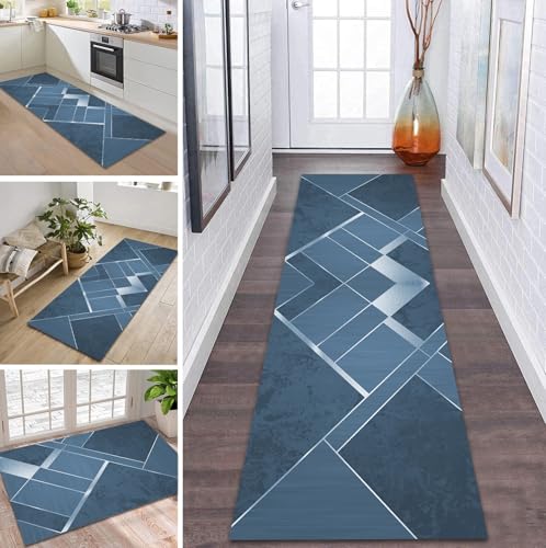 ZDYHMrj Teppich Läufer Flur Küche rutschfest waschbar Teppichläufer Lang 60X280CM Blau Modern Design Meterware Korridor Tepiche Esszimmer Schlafzimmer Wohnzimmer Schmutzfangmatte von ZDYHMrj