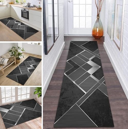ZDYHMrj Teppich Läufer Flur Küche rutschfest waschbar Teppichläufer Lang 70X140CM Grau Schwarz Modern Design Meterware Korridor Tepiche Esszimmer Schlafzimmer Wohnzimmer Schmutzfangmatte von ZDYHMrj