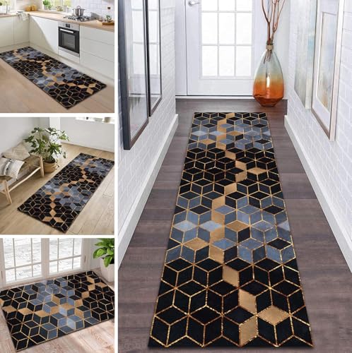 ZDYHMrj Teppich Läufer Flur Küche rutschfest waschbar Teppichläufer Lang 70X160CM Schwarz Gold Blau Modern Design Meterware Korridor Tepiche Esszimmer Schlafzimmer Wohnzimmer Schmutzfangmatte von ZDYHMrj
