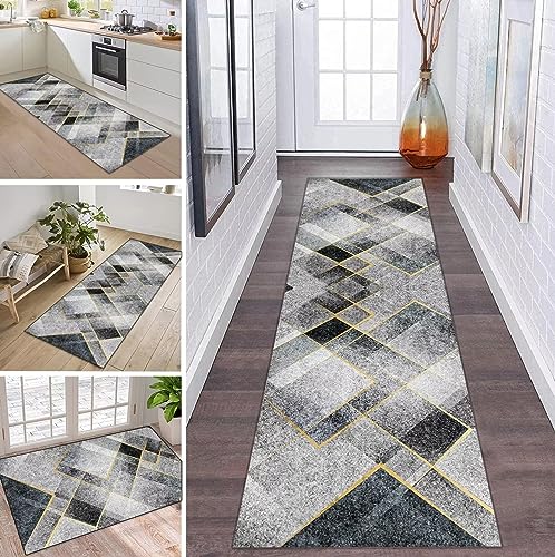 ZDYHMrj Teppich Läufer Flur Küche rutschfest waschbar Teppichläufer Lang 70X200CM Grau Gold Modern Design Meterware Korridor Tepiche Esszimmer Schlafzimmer Wohnzimmer Schmutzfangmatte Küchenteppich von ZDYHMrj