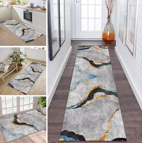 ZDYHMrj Teppich Läufer Flur Küche rutschfest waschbar Teppichläufer Lang 70X400CM Grau Schwarz Blau Gold Modern Design Meterware Korridor Tepiche Esszimmer Schlafzimmer Wohnzimmer Schmutzfangmatte von ZDYHMrj