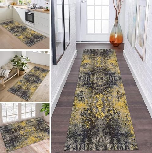 ZDYHMrj Teppich Läufer Flur Küche rutschfest waschbar Teppichläufer Lang 80X120CM Gelb Abstract Korridor Teppichmatten Kücheteppich Schlafzimmer Wohnzimmer Flurmatten Breit 40-120cm von ZDYHMrj