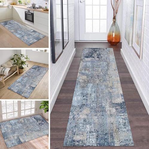 ZDYHMrj Teppich Läufer Flur Küche rutschfest waschbar Teppichläufer Lang 90X400CM Grau Blau Modern Design Meterware Korridor Tepiche Esszimmer Schlafzimmer Wohnzimmer Schmutzfangmatte Küchenteppich von ZDYHMrj