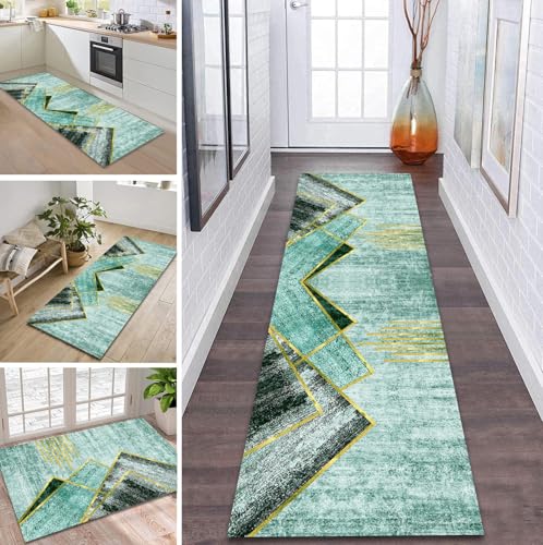 ZDYHMrj Teppich Läufer Flur rutschfest 100X450CM Hellgrün Gold Küchenteppich Waschbar Flurläufer Modern Teppichläufer, Korridor Teppich Läufer für Flur, Küche, Eingang, Wohnzimmer Schmutzfangteppich von ZDYHMrj
