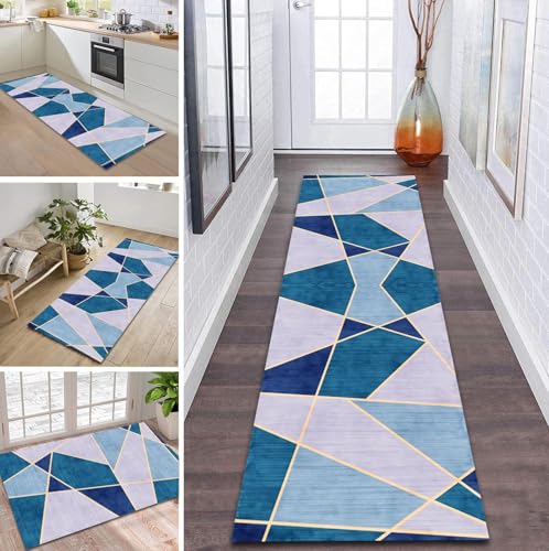 ZDYHMrj Teppich Läufer Flur rutschfest 40X400CM Blau Küchenteppich Waschbar Flurläufer Modern Teppichläufer, Korridor Teppich Läufer für Flur, Küche, Eingang, Wohnzimmer Schmutzfangteppich von ZDYHMrj