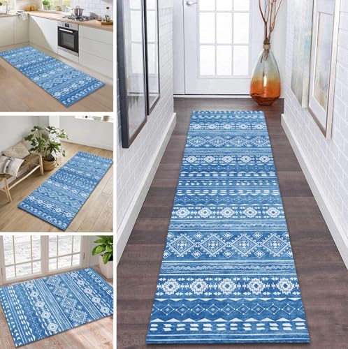 ZDYHMrj Teppich Läufer Flur rutschfest 40X400CM Blau Marokko Küchenteppich Waschbar Flurläufer Modern Teppichläufer, Korridor Teppich Läufer für Flur, Küche, Eingang, Wohnzimmer Schmutzfangteppich von ZDYHMrj
