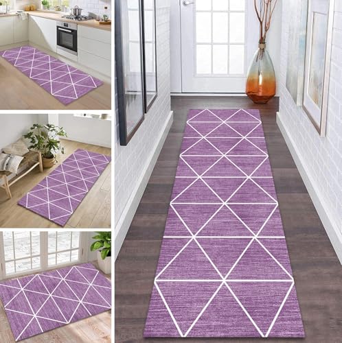 ZDYHMrj Teppich Läufer Flur rutschfest 50X180CM Violett Weiß Küchenteppich Waschbar Flurläufer Modern Teppichläufer, Korridor Teppich Läufer für Flur, Küche, Eingang, Wohnzimmer Schmutzfangteppich von ZDYHMrj