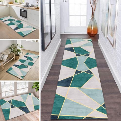 ZDYHMrj Teppich Läufer Flur rutschfest 50X400CM Grün Blau Küchenteppich Waschbar Flurläufer Modern Teppichläufer, Korridor Teppich Läufer für Flur, Küche, Eingang, Wohnzimmer Schmutzfangteppich von ZDYHMrj