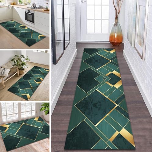 ZDYHMrj Teppich Läufer Flur rutschfest 90X250CM Grün Gold Küchenteppich Waschbar Flurläufer Modern Teppichläufer, Korridor Teppich Läufer für Flur, Küche, Eingang, Wohnzimmer Schmutzfangteppich von ZDYHMrj