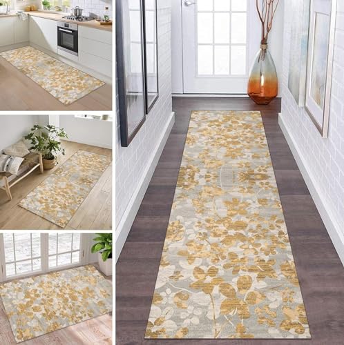 ZDYHMrj Teppich Läufer Lang Flur Küche rutschfest Waschbar Küchenläufer 60X100CM Gold und Grau Vintage Teppichmatten Polyester Korridor Teppichläufer Flur Wohnzimmer Schlafzimmer Schmutzfangmatte von ZDYHMrj