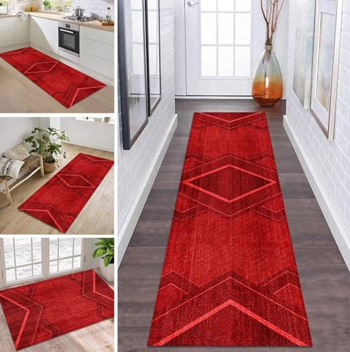 ZDYHMrj Teppich Läufer Lang Flur Küche rutschfest Waschbar Küchenläufer 60X180CM Rot Teppichmatten Polyester Korridor Teppichläufer Flur Wohnzimmer Schlafzimmer Schmutzfangmatte Küchenteppich von ZDYHMrj