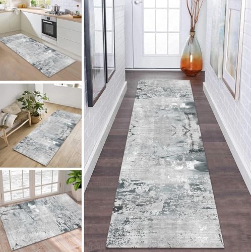 ZDYHMrj Teppich Läufer Lang Küche Flur Teppichläufer rutschfest Waschbar Küchenläufer Teppichmatten Grau Flurmatten 80X400CM Schmutzfangmatte Meterware Schlafzimmer Wohnzimmer Esszimmer Küchenteppich von ZDYHMrj