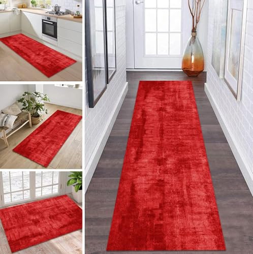 ZDYHMrj Teppich Läufer Lang Küche Flur Teppichläufer rutschfest Waschbar Küchenläufer Teppichmatten Rot Flurmatten 90X400CM Schmutzfangmatte Meterware Flurteppich Schlafzimmer Wohnzimmer Esszimmer von ZDYHMrj