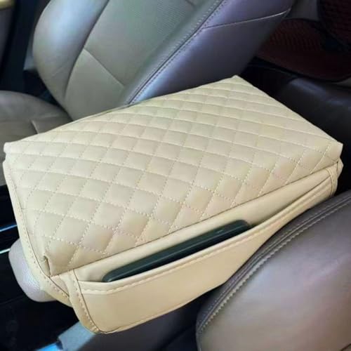 ZDYTPATX Auto Armrest Pad FüR C3 C5 C5-Aircross C6 C8 DS3 DS4 DS5, Pu Leder Schutz Mittelkonsole Polster Komfort Mit Seitentaschen Innenraum ZubehöR, Beige von ZDYTPATX