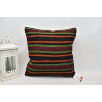 Bio Kelim Kissenbezug/Gestreiftes Kissen 18x18 Türkises Rustikales Handgewebtes Gewebtes Code 5020 von ZDkilimpillow