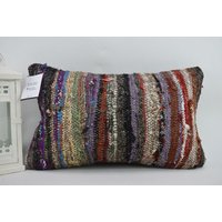 Gestreifter Kelim Kissenbezug/Handgemachtes Wollkissen Türkises Kelimkissen Sofakissen 12x20 Code 4381 von ZDkilimpillow