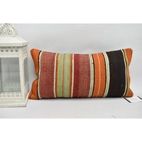 Gestreifter Kelim Kissenbezug/Türkiser Boho Kissen Wolle 10x20 2497 von ZDkilimpillow