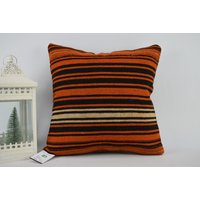 Gestreiftes Kelim Kissen/Boho Kissenbezug Kelimkissen 18x18 cm Oranges Antikes Code 5328 von ZDkilimpillow