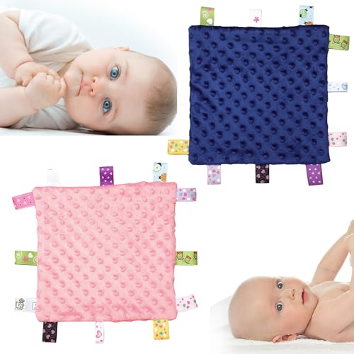 ZEACCT 2 Stück Bunte Taggy Sicherheit Decke, Baumwollplüsch Super Soft Taggy Decke, Infant Taggy Decke, Baby-Sicherheitsdecke mit Etiketten für Neugeborene Jungen und Mädchen von ZEACCT