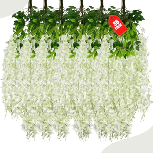 36 Stück grüne weiße Glyzinien hängende Blumen, künstliche Glyzinien-Girlande, Reben für Hochzeit, Zimmer, Hintergrund, Outdoor, Terrasse, Garten, Dekoration von ZEBMOON