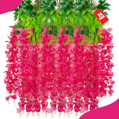 ZEBMOON 24 Stück Fuchsia-Glyzinien-Blumen, künstliche Glyzinien-Girlande, Reben für Hochzeit, Zimmer, Hintergrund, Outdoor, Terrasse, Garten, Dekoration, 10 m von ZEBMOON