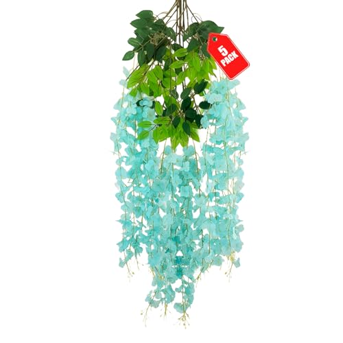ZEBMOON Blaugrüne Glyzinien-Hängeblumen, künstliche Glyzinien-Girlande, Reben für Hochzeit, Zimmer, Außenbereich, Terrasse, Garten, Dekoration, 10 m, 5 Stück von ZEBMOON