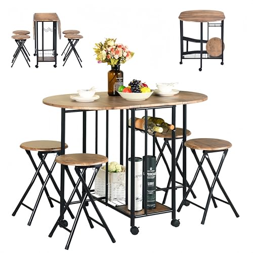 Esstisch-Set mit 4 Stühlen, klappbarer Küchentisch mit Klappstühlen, MDF-Holz und Metall mit Aufbewahrung für Weinregal, für kleine Räume, Küche Bistro (rustikales Braun) von ZECIIYE