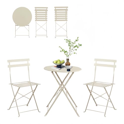 ZECIIYE Balkonmöbel Set 3 Teilig,Bistrotisch mit 2 Stühlen,Klappbare Gartenmöbel 2 Personen,Balkon Möbel für Kleinen Balkon Terrasse und Garten,Hellbeige von ZECIIYE