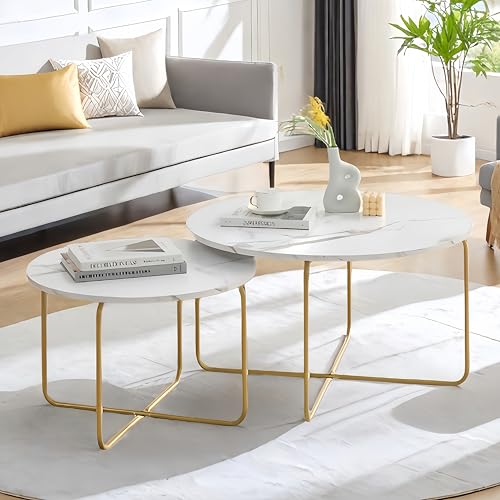 ZECIIYE Couchtisch Rund 2er Set Marmor Optik,MDF Nesting Coffee Table Weiß Marmoroptik und Gold Stahl Gestell,Moderner Wohnzimmertisch Rund Geeignet für Wohnzimmer,Balkon,Büro ZECIIYE Couchtisch Rund 2er Set Marmor Optik,MDF Nesting Coffee Table Weiß Marmoroptik und Gold Stahl Gestell,Moderner Wohnzimmertisch Rund Geeignet für Wohnzimmer,Balkon,Büro von ZECIIYE