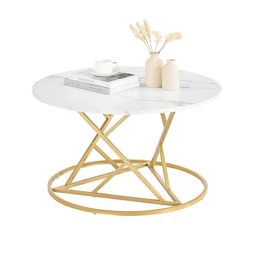 ZECIIYE Couchtisch Rund Modern, Wohnzimmertisch Marmor Optik,Runder Sofa Tisch mit Goldfarbene Metallbasis,80 x 80 x 45 cm,Weiß & Gold von ZECIIYE