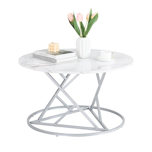 ZECIIYE Couchtisch Rund Modern,Wohnzimmertisch Marmor Optik,Runder Sofa Tisch mit Silberner Metallsockel,80 x 80 x 45 cm,Weiß & Silber von ZECIIYE