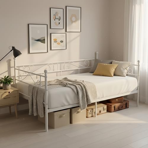 ZECIIYE Tagesbett Metallbett Bettgestell 90x190 cm,Einzelbetten,Daybed mit edlen Mustern,Bett mit Stauraum,Gästebett Jugendbett Bettsofa für Schlafzimmer Wohnzimmer passend,Weiß ZECIIYE Tagesbett Metallbett Bettgestell 90x190 cm,Einzelbetten,Daybed mit edlen Mustern,Bett mit Stauraum,Gästebett Jugendbett Bettsofa für Schlafzimmer Wohnzimmer passend,Weiß von ZECIIYE