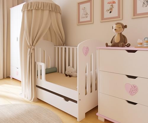 ZEEBRA - Babybett Kinderbett, 2w1 Bett Heart - mit Schublade auf kugelgelagerten Schienen, Schutzgitter und Verstellbarer Rahmen - Wächst mit dem Kind - 120x60cm - Weiß/Rosa Herz ZEEBRA - Babybett Kinderbett, 2w1 Bett Heart - mit Schublade auf kugelgelagerten Schienen, Schutzgitter und Verstellbarer Rahmen - Wächst mit dem Kind - 120x60cm - Weiß/Rosa Herz von ZEEBRA
