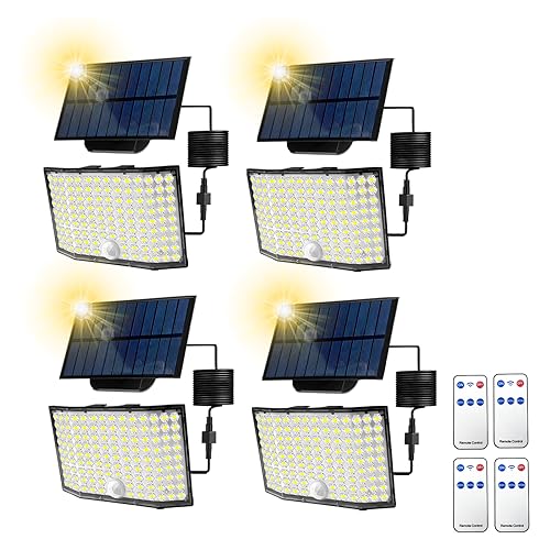 ZEEQII 4 Stück Solarlampen für Außen,122 LED Solarleuchten mit Bewegungsmelder 3 Modi,180°Beleuchtungswinkel Solarstrahler für Außen Fernbedienung,Solar Wandleuchte für Garten mit 5m Kabel von ZEEQII