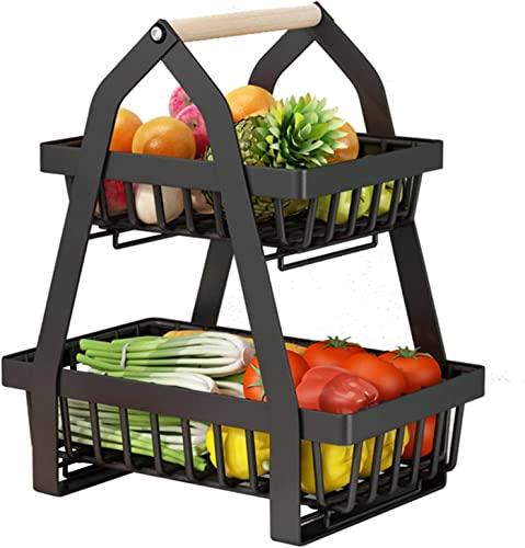 ZEEREE Obst Etagere,2 tier Obst Etagere Obstschale,Obstschale Abnehmbar Etagere Obst,Küche Ablagekorb,Gemüsegestell, Obst Gemüse Brot Snacks Korb (Schwarz) von ZEEREE