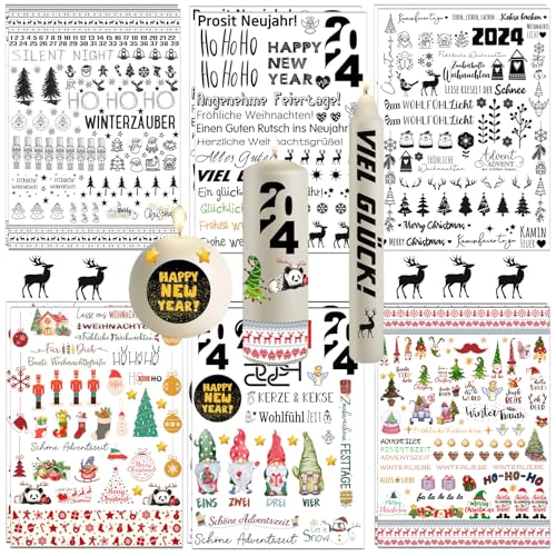 ZELAITE 12PCS Weihnachten Kerzentatoo, kerzentattoos weihnachten, Kerzen dekorieren, wasserschiebefolie kerzen, kerzen beschriften folie, kerzentattoos stabkerzen sprüche für Glückslicht (B) von ZELAITE