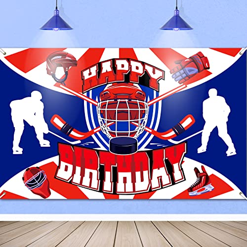 Hockey-Geburtstagsdekorationen, Banner, Eishockey-Sport-Thema, großes Happy Birthday, blau-roter Hintergrund, Schild für Kinder, Fotokabinen-Hintergrunddekoration für Männer und Frauen, 180x110 cm von ZELARO